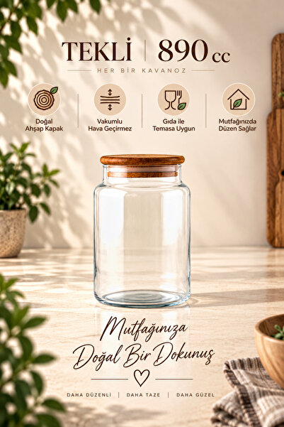 Woodcept. Sora Single Wooden Vacuum Lid Glass Grain Storage Jar Natural 890 C...