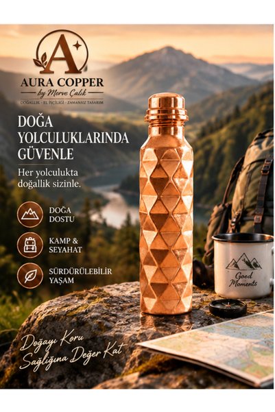 AURA COPPER Copper Water Bottle 500–600 ml with Geometric and Forged Patterns