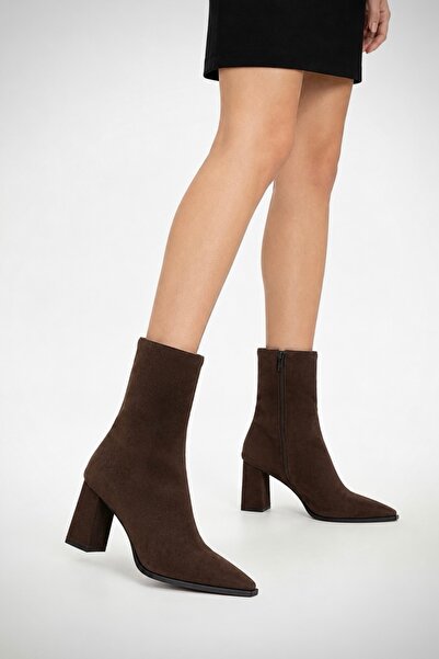 simplicity Brown Suede Pointed Toe Thick Heel Side Zipper Heeled Boots