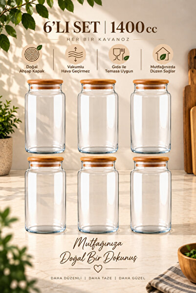 Woodcept. Sora Set of 6 Wooden Vacuum Lid Glass Grain Storage Jars Natural 14...