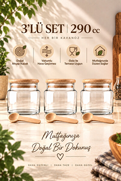 Woodcept. Sora Set of 3 Wooden Vacuum Lid Glass Spice Jar Storage Jar Natural...