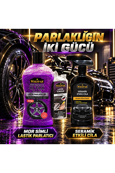 WOLFPAR Mor Simli Lastik Parlatıcı ve Seramik Etkili Cila Seti – Lastik Sünge...