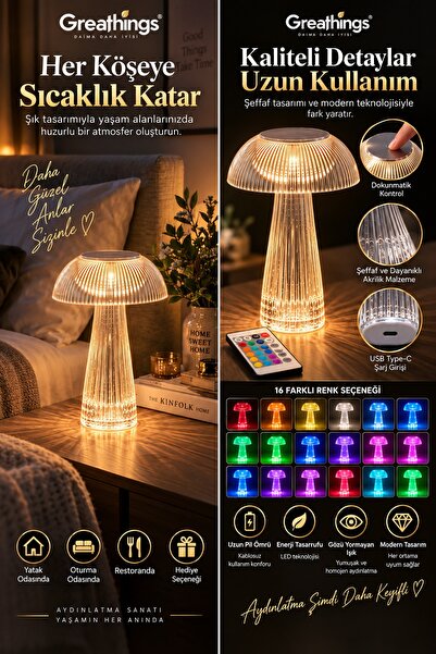 Greathings Şeffaf 25,5 cm Mantar LED Masa Lambası Şarjlı Dokunmatik Kumandalı...