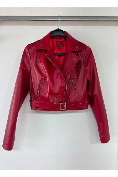 DERİMONTAYA Women's Genuine Lambskin Red Belted Biker Jacket