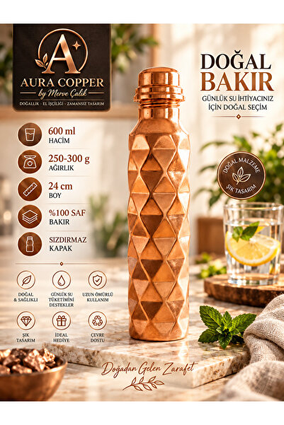 AURA COPPER Bakır Matara 500-600 ml – Desenli Sızdırmaz Kapaklı El Yapımı Su ...