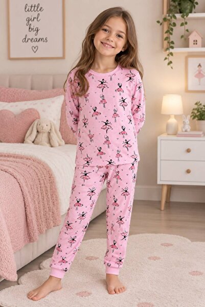 Kız Çocuk %100 Pamuklu Pembe Balerin Desenli Uzun Kollu Kışlık Pijama Takımı