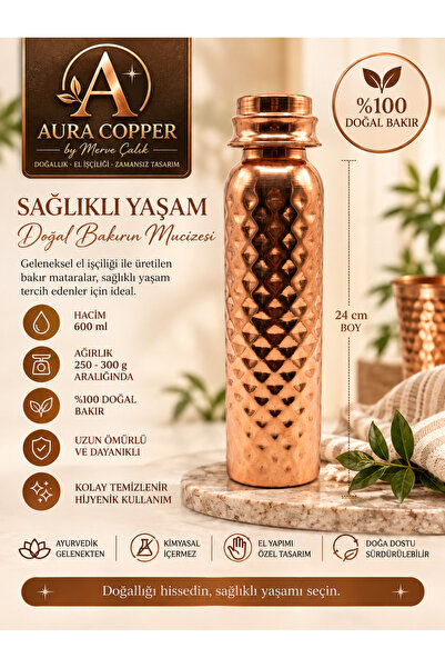 Bakır Matara 500-600 ml – Desenli Sızdırmaz Kapaklı El Yapımı Su Şişesi