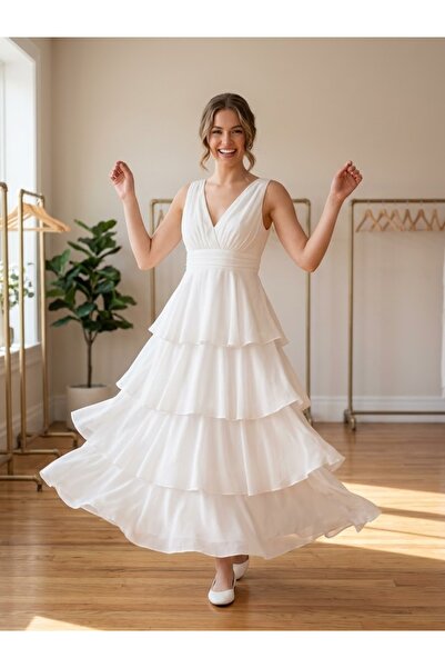 antil fashion فستان سهرة ناعم بلون أبيض
