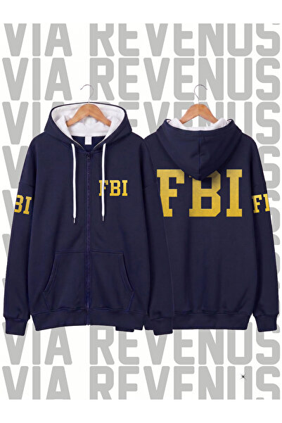 Vordevia Fbi Printed Unisex Zippered Hooded Navy Blue Sweatshirt Cardigan