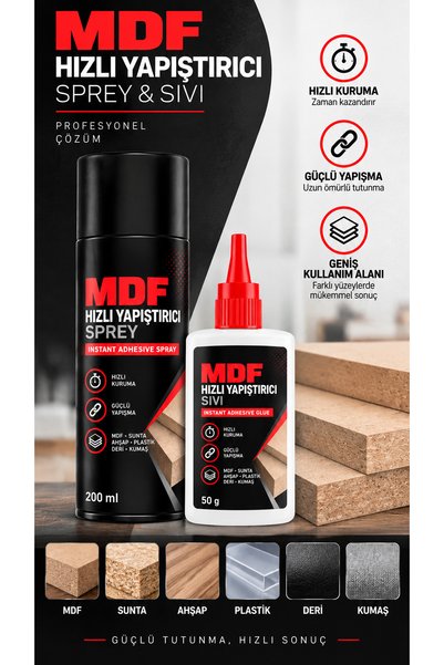 Elysian MDF Hızlı Yapıştırıcı Seti 200 ml Sprey + 50 gr Sıvı Japon Yapıştırıcı Ahşap Sunta Mobilya Güçlü Yapıştırıcı