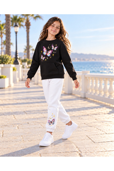 MASİON VESSAİRE Girl's Butterfly Print Sweatshirt & Sweatpants 2-Piece Set