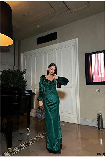 Şeker Portakalım Velvet Detailed Strapless Evening Dress Stone Fabric Dress