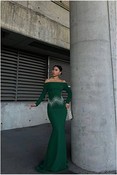 Şeker Portakalım Crepe Detailed Evening Dress Stone Fabric Dress Degaje Collar