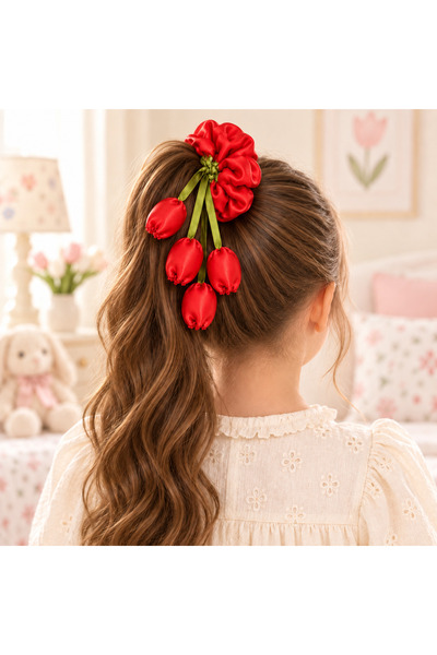 Lale Figürlü Saten Çocuk Saç Tokası – Sallantılı Çiçekli Scrunchie