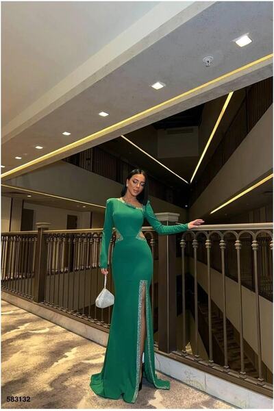 Şeker Portakalım Cycling Detailed Evening Dress Stone Dress Collar Long Sleeves