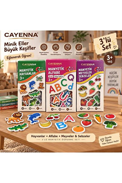 cayenna 3’lü Manyetik Öğrenme Seti – Hayvanlar, Alfabe, Meyve ve Sebzeler