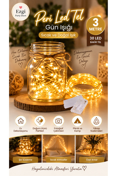 Ezgi Party Store Peri Led Tel Gün Işığı 3 Metre Pilli Dekoratif Işık Zinciri ...
