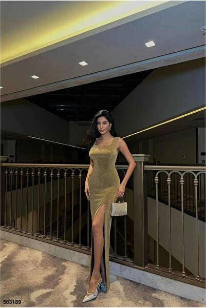 Şeker Portakalım Slit Maxi Evening Dress with Straps