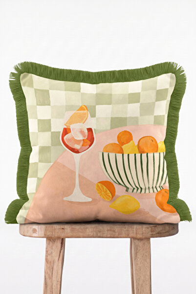IdeCraft Citrus Brunch Kokteyl Meyve ve Ekose Desenli Pastel Yeşil Saçaklı Kı...