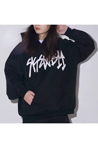 JANTIL MODA Hanorac negru unisex oversize cu glugă, cu 3 fire, cu buzunar tip...