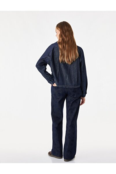 Koton Düz Paça Cepli Normal Bel Pamuklu Çiçek Baskılı Denim Pantolon - Straight Fit Jean