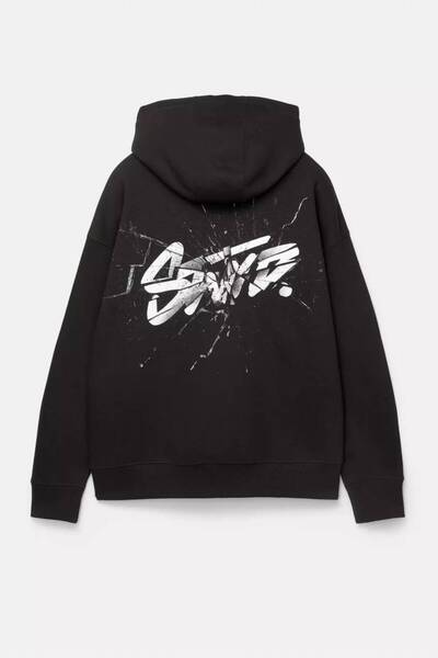 JANTIL MODA Black Unisex Oversize 3 Thread Yarn Printed Hooded Sweatshirt wit...