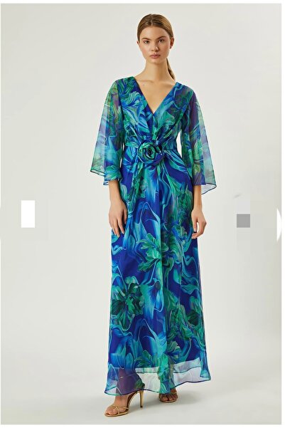 FEVER Art Print Covered Chiffon Dress with Embossed Rose