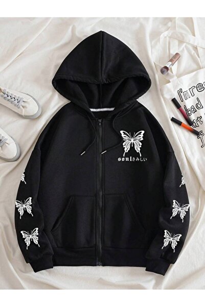 Mythologie 3 Thread Black Soul Butterfly Zippered Winter Cardigan - Printed O...