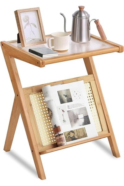 LINGWEI Mid-Century Rattan Side Table with Glass Top & Bamboo Accents – Styli...