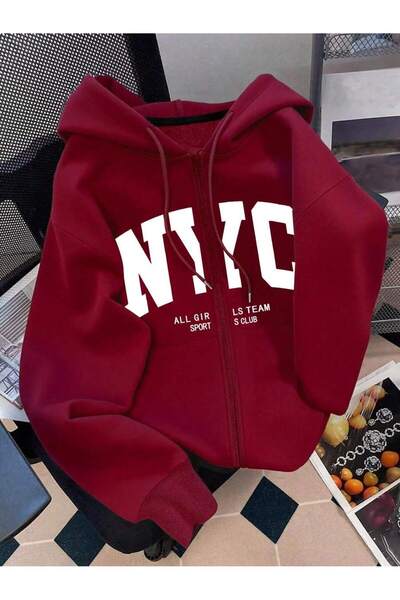Mythologie Bordo Nyc Girls Team Fermuarlı Kışlık Hırka - Baskılı Oversize Şar...