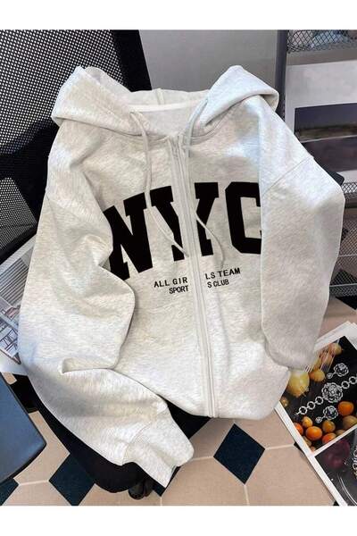 Mythologie Gri Nyc Girls Team Fermuarlı Kışlık Hırka - Baskılı Oversize Şardo...