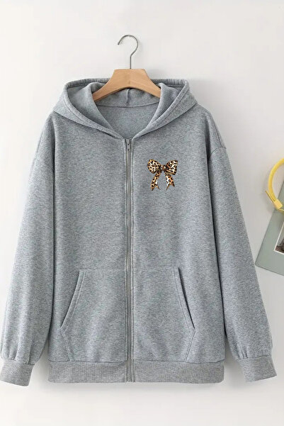 Mythologie 3 Thread Gray Leopard Patterned Ribbon Zippered Winter Cardigan - ...