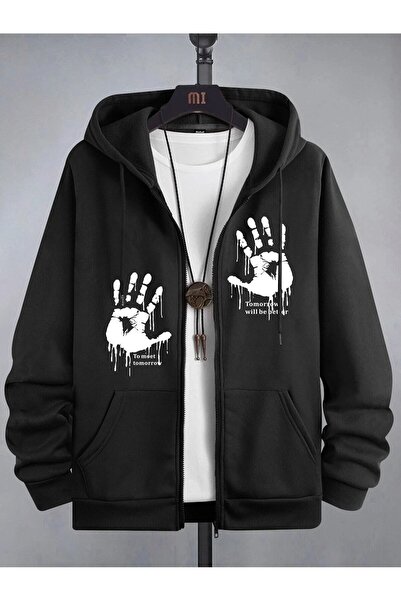 Mythologie 3 Thread Black Hand Zippered Winter Cardigan - Printed Oversized H...