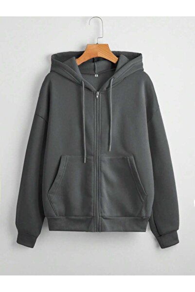 Mythologie 3 Thread Smoked Basic Plain Zippered Winter Cardigan - Oversize Ho...