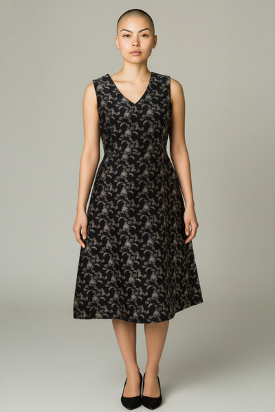 adL Luxury Floral Pattern V-Neck Midi Black Dress