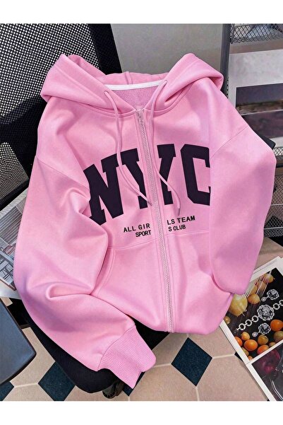 Mythologie Pembe Nyc Girls Team Fermuarlı Kışlık Hırka - Baskılı Oversize Şar...