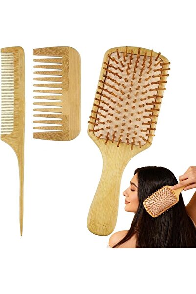 ToolHouse 3 Pack Bamboo Comb Set Wooden Massage Hair Brush with Wide Tooth Co...