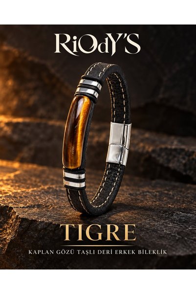 RiOdY'S Tigre Erkek Bileklik Doğal Kaplan Gözü Taşlı Siyah Deri Çelik Detaylı...
