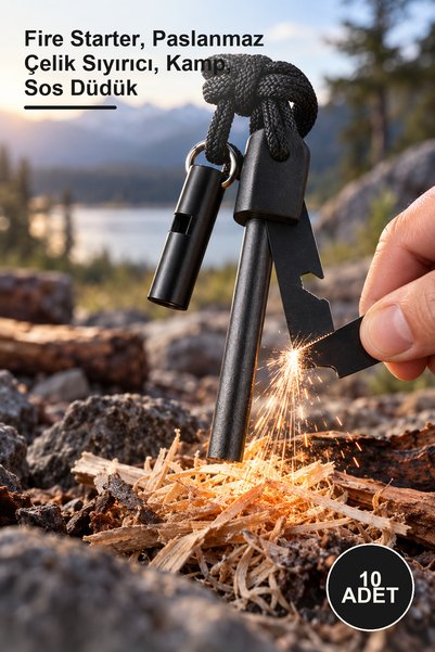 Yenilig 10 Adet Magnezyum Çakmaktaşı Hayatta Kalma Kiti – Fire Starter, Paslanmaz Çelik Sıyırıcı, Kamp, Sos Düdük