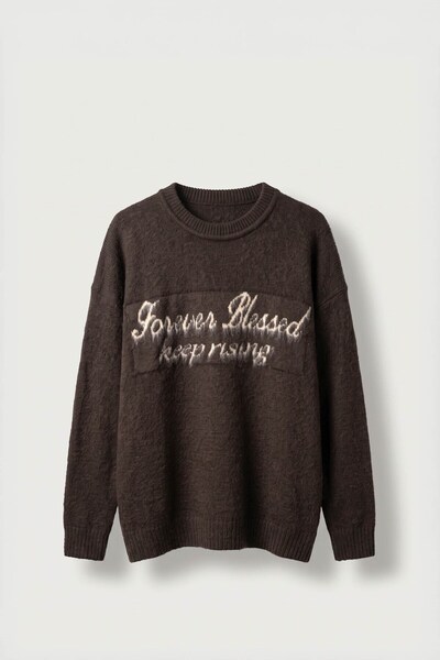ablukaonline Men's Oversize Soft Textured Lettered Knitwear Sweater Brown