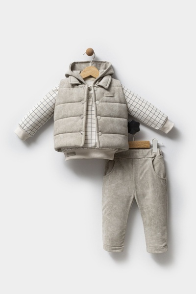 Bilge Trend ERKEK BEBEK KAPÜŞONLU SWEAT , ŞİŞME YELEK , PANTOLON 3 PARÇA PREMİUM SERİ KIŞLIK TAKIM