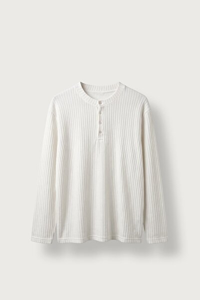 ablukaonline Erkek Relax Fit Henley Yaka Fitilli Triko Kazak Ekru