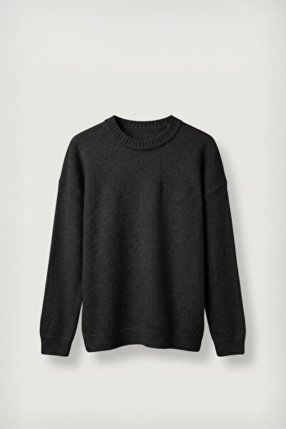 ablukaonline Men's Relax Fit Crew Neck Embroidered Knit Sweater Black