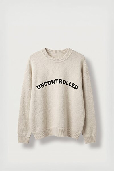 ablukaonline Men's Oversize Crew Neck Text Embroidered Knitwear Sweater Beige
