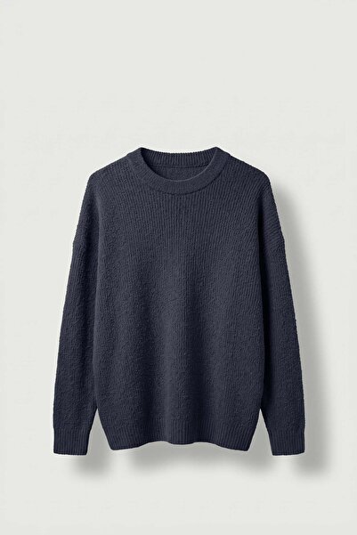 ablukaonline Men's Oversize Crew Neck Ribbed Knit Sweater Navy Blue