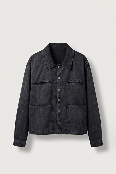 ablukaonline Men's Boxy Fit Washed Utility Gabardine Jacket Black