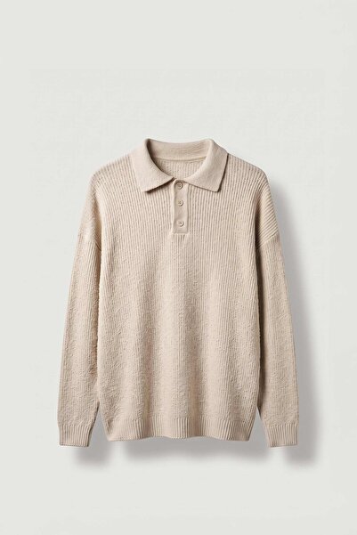 ablukaonline Men's Oversize Polo Collar Buttoned Ribbed Knit Sweater Stone Color