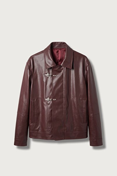 ablukaonline Erkek Boxy Fit Metal Tokalı Deri Ceket Bordo