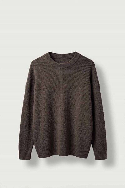 ablukaonline Men's Oversize Crew Neck Ribbed Knit Sweater Brown