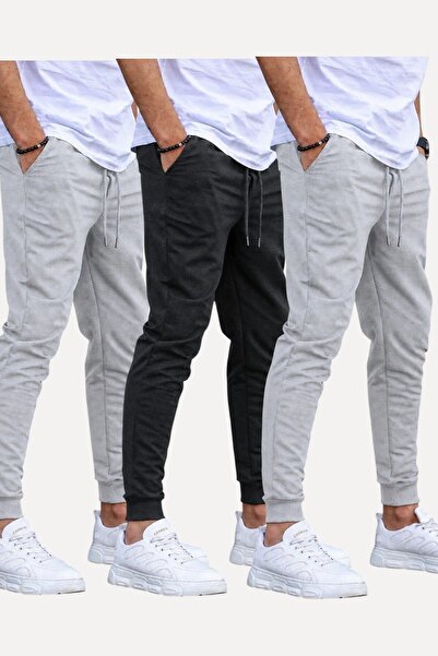 SURMARİ Set of 3 Unisex Regular Fit Ribbed Leggings in Black, Gray, Navy Blue...